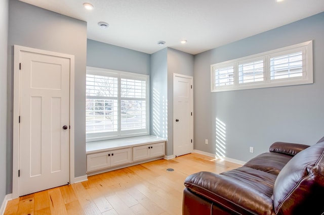 living area with light hardwood / wood-style flooring