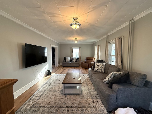 living area with ornamental molding, baseboards, and wood finished floors