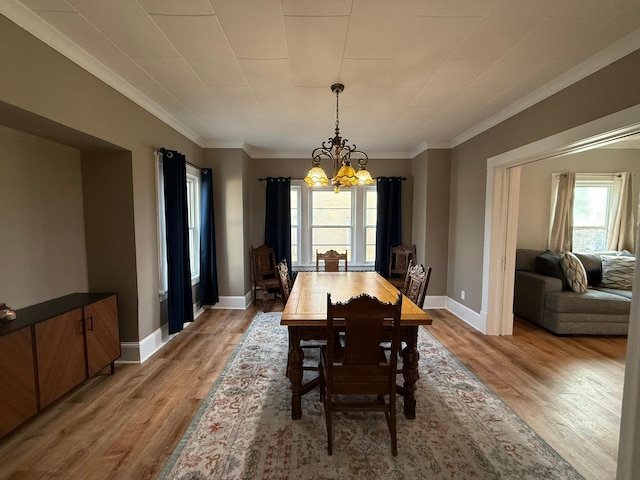 dining area featuring ornamental molding, plenty of natural light, light wood-style flooring, and an inviting chandelier