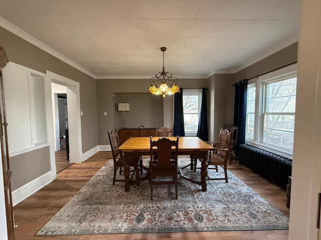 dining room with baseboards, radiator, wood finished floors, crown molding, and a notable chandelier