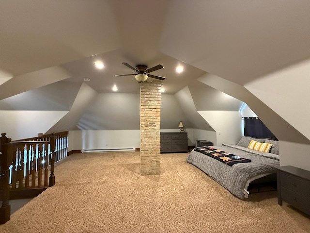 bedroom with carpet floors, ceiling fan, a baseboard radiator, and vaulted ceiling