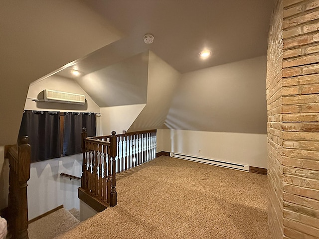 bonus room featuring carpet floors, a baseboard radiator, lofted ceiling, a wall mounted AC, and baseboards