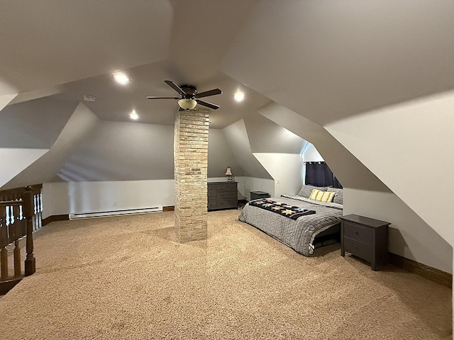 bedroom featuring a baseboard radiator, lofted ceiling, carpet flooring, ceiling fan, and baseboards