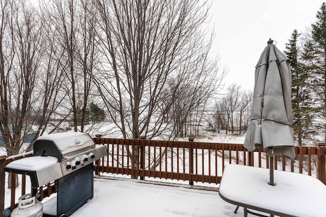 snow covered deck with area for grilling