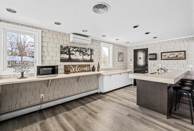 2800 Hamline Ave N Unit 150, Roseville, MN 55113 - kitchen with a wall unit AC, a textured ceiling, a baseboard radiator, a breakfast bar area, and light countertops