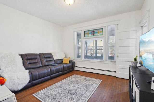 living room featuring a baseboard radiator and dark wood-type flooring