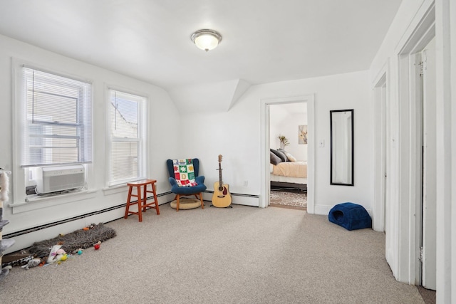 playroom with light colored carpet, cooling unit, and lofted ceiling