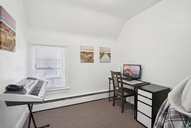 carpeted home office featuring a baseboard radiator and vaulted ceiling