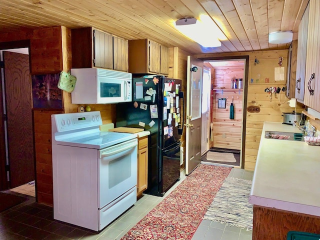 kitchen with wood walls, sink, wooden ceiling, and white appliances