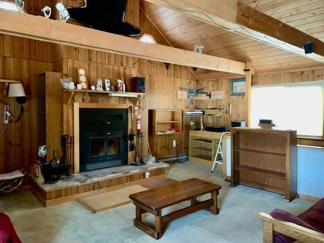 living room featuring vaulted ceiling with beams, wood walls, wooden ceiling, and a baseboard radiator