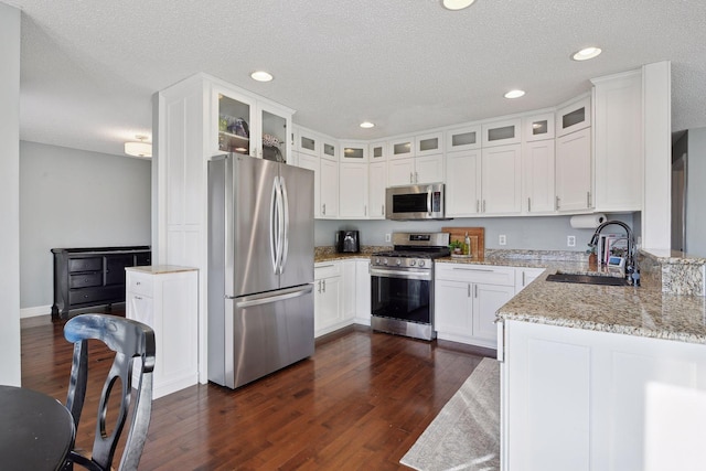 kitchen featuring dark hardwood / wood-style floors, sink, light stone countertops, stainless steel appliances, and white cabinets