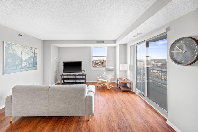 living room with a textured ceiling and hardwood / wood-style flooring