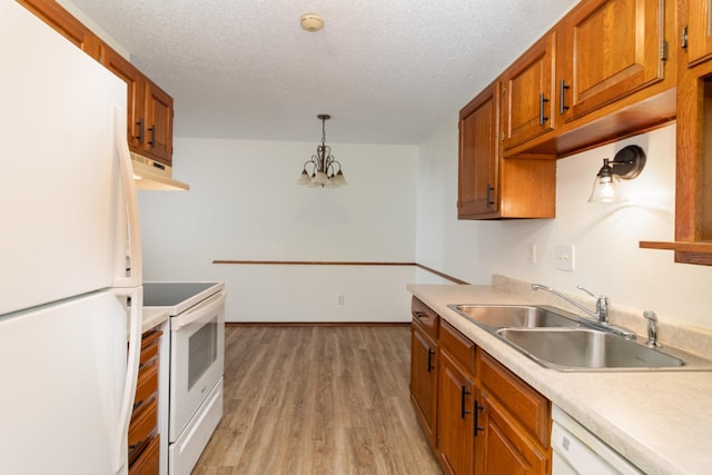 kitchen featuring sink, a notable chandelier, ventilation hood, decorative light fixtures, and white appliances