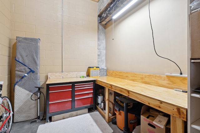 basement with a workshop area