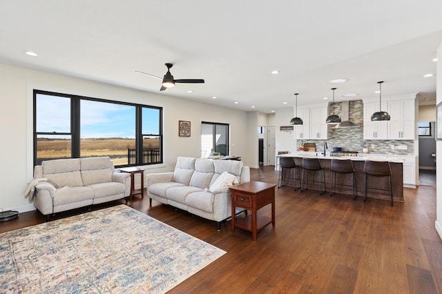 living room with ceiling fan, sink, and dark hardwood / wood-style floors