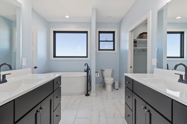 bathroom featuring a bathing tub, vanity, and toilet