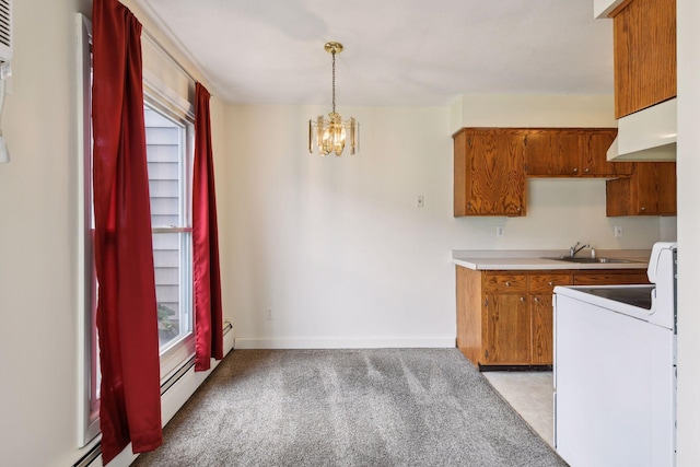 kitchen featuring an inviting chandelier, extractor fan, decorative light fixtures, light carpet, and white stove