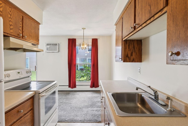 kitchen featuring a wall mounted air conditioner, sink, decorative light fixtures, a chandelier, and white electric range