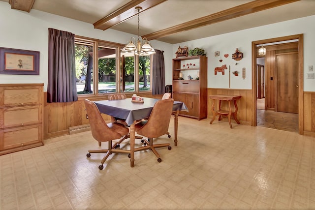 dining area featuring beamed ceiling, a chandelier, baseboard heating, and wood walls