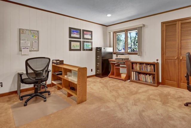 carpeted office featuring crown molding