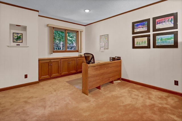 carpeted home office featuring ornamental molding and a textured ceiling