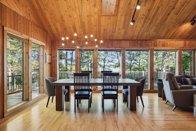 dining area featuring rail lighting, wood ceiling, and lofted ceiling