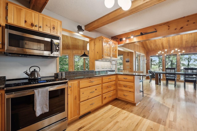 kitchen with plenty of natural light, light wood-type flooring, kitchen peninsula, and appliances with stainless steel finishes