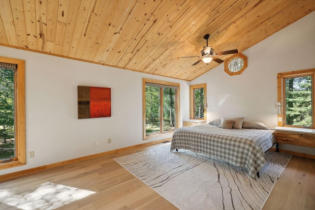 bedroom featuring access to exterior, ceiling fan, lofted ceiling, and wood ceiling