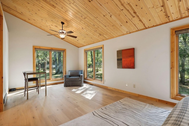 unfurnished room with vaulted ceiling, light hardwood / wood-style flooring, a wealth of natural light, and wooden ceiling