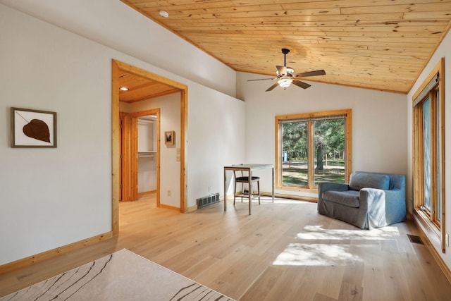 sitting room with light wood-type flooring, vaulted ceiling, ceiling fan, and wooden ceiling