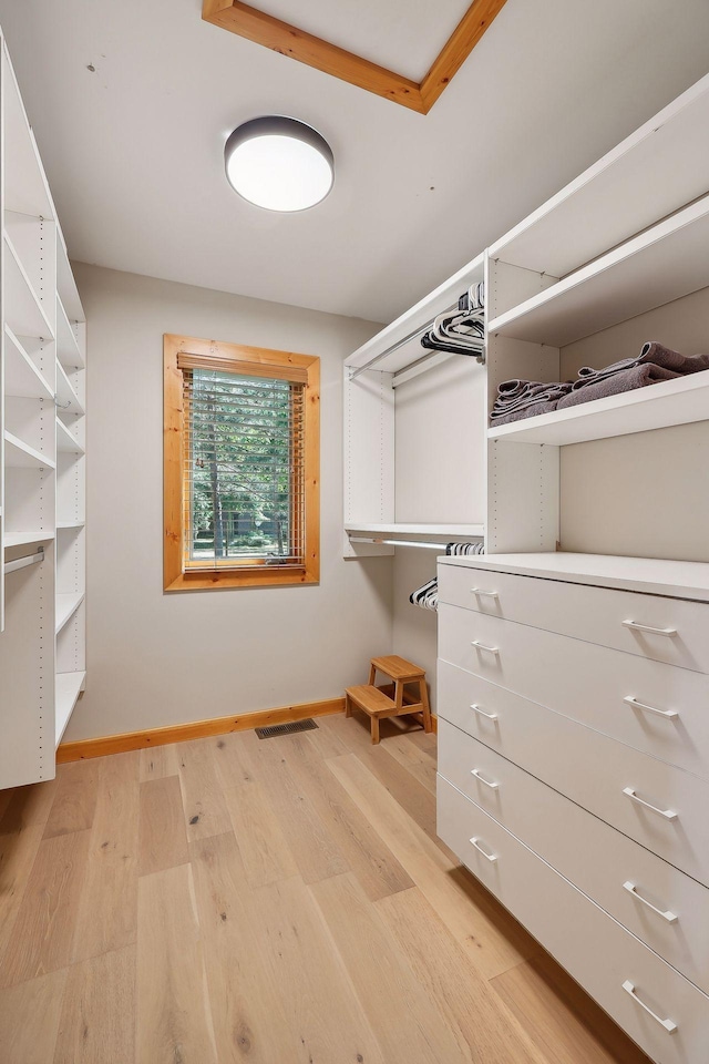 spacious closet with light hardwood / wood-style flooring