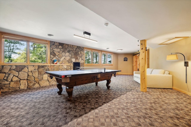 recreation room featuring carpet floors, a healthy amount of sunlight, and pool table