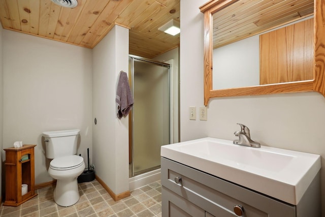 bathroom featuring vanity, wood ceiling, a shower with shower door, and toilet