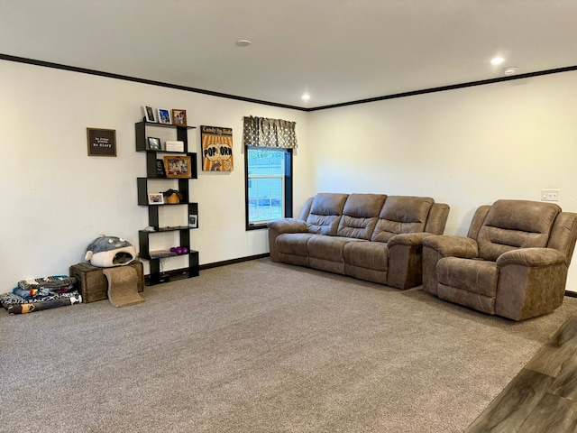 living room featuring wood-type flooring and ornamental molding