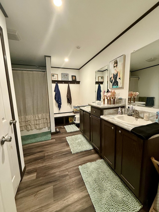 bathroom with a shower with curtain, vanity, and wood-type flooring