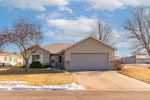 single story home with a garage and a front lawn