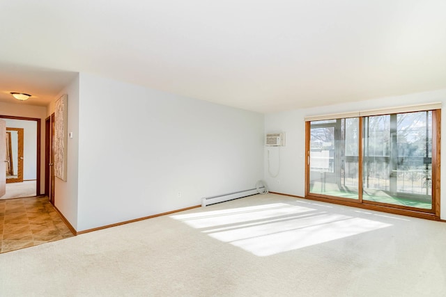 carpeted spare room featuring a wall mounted AC and a baseboard radiator