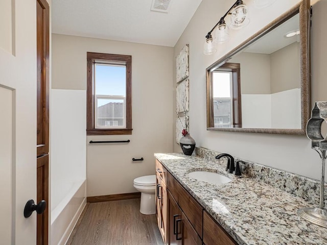 bathroom featuring vanity, toilet, and wood-type flooring