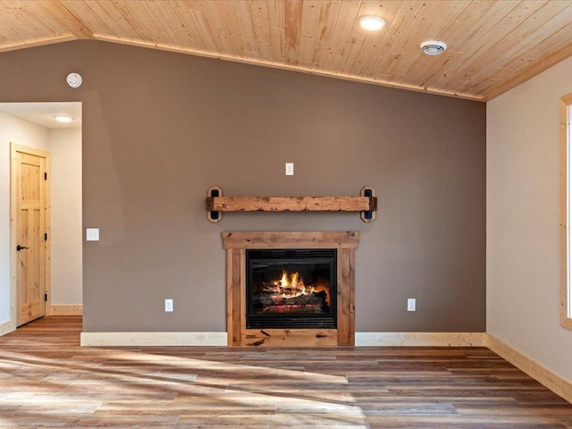 unfurnished living room featuring wood ceiling, vaulted ceiling, and hardwood / wood-style flooring