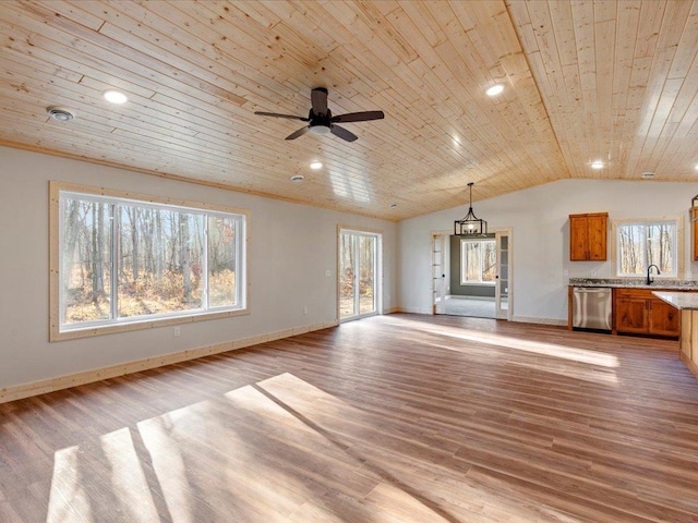 unfurnished living room with lofted ceiling, sink, ceiling fan, wood ceiling, and light wood-type flooring