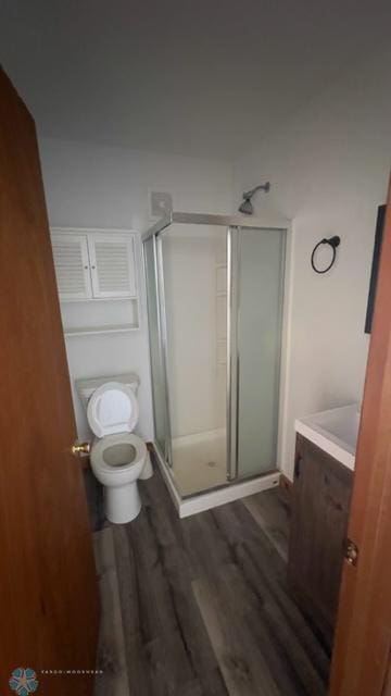 bathroom featuring vanity, toilet, a shower with shower door, and wood-type flooring