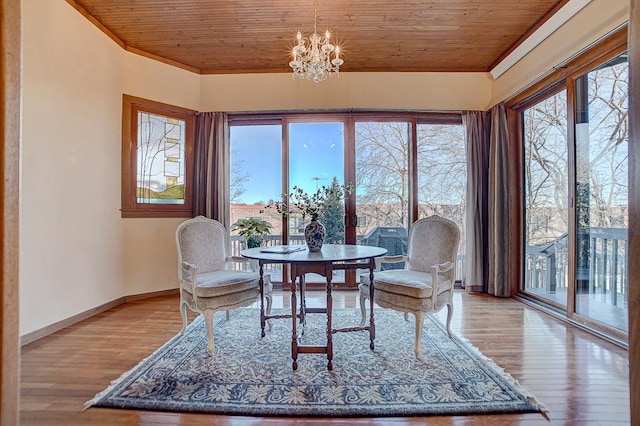 dining area featuring light hardwood / wood-style flooring, an inviting chandelier, and wood ceiling