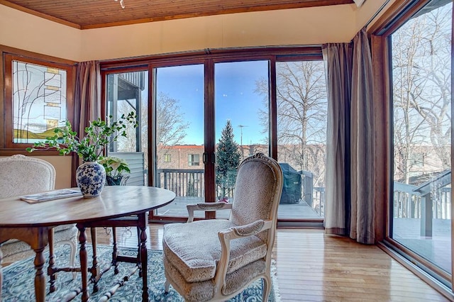 sunroom / solarium featuring a wealth of natural light and wooden ceiling