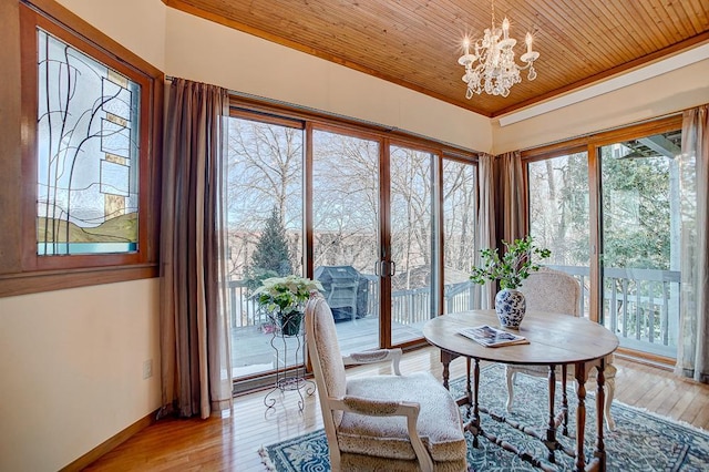 sunroom / solarium with wooden ceiling and a notable chandelier