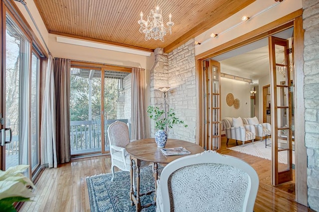 dining area with a chandelier, french doors, wooden ceiling, and light hardwood / wood-style floors