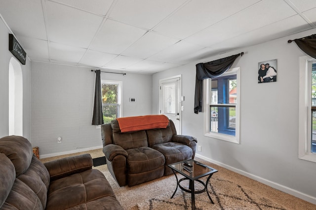 living room featuring carpet, a drop ceiling, and plenty of natural light