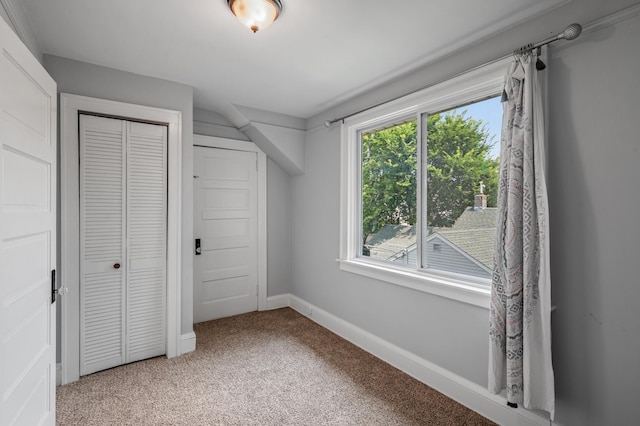 unfurnished bedroom with carpet flooring and a closet