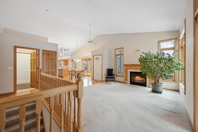 interior space featuring high vaulted ceiling and carpet floors