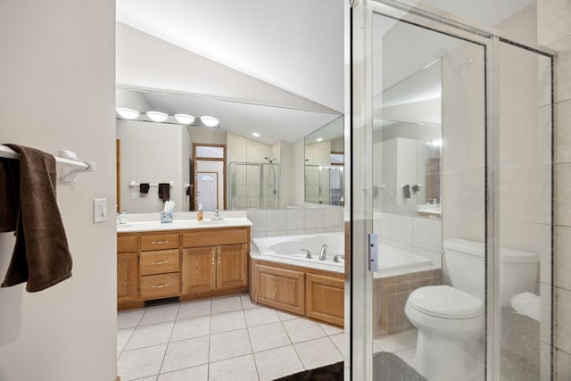 full bathroom featuring toilet, shower with separate bathtub, tile patterned flooring, lofted ceiling, and vanity