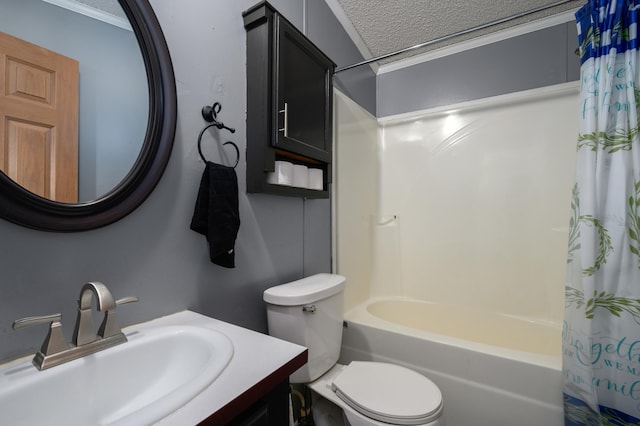 full bathroom with vanity, toilet, shower / bath combination with curtain, and a textured ceiling